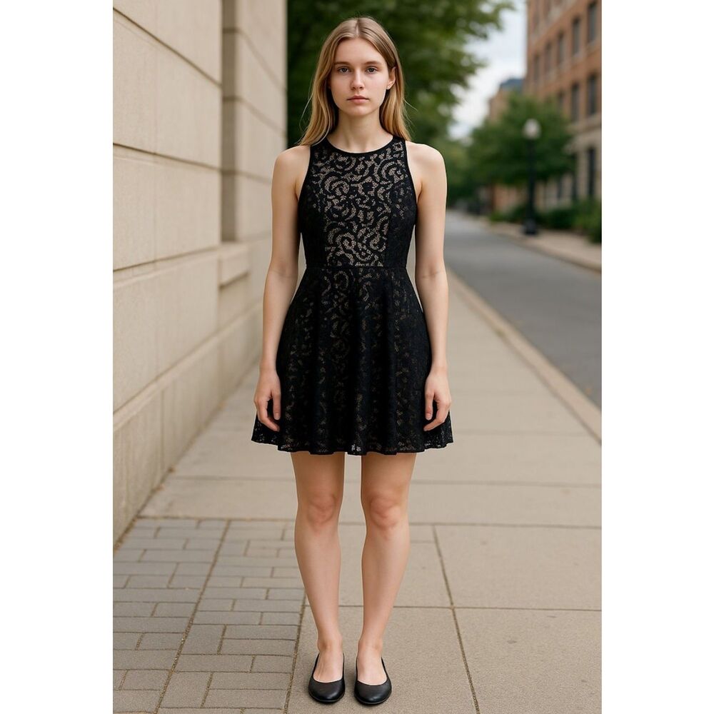 Mossimo Dress L Black Lace over Nude Fit and Flare Mini Sleeveless Y2K